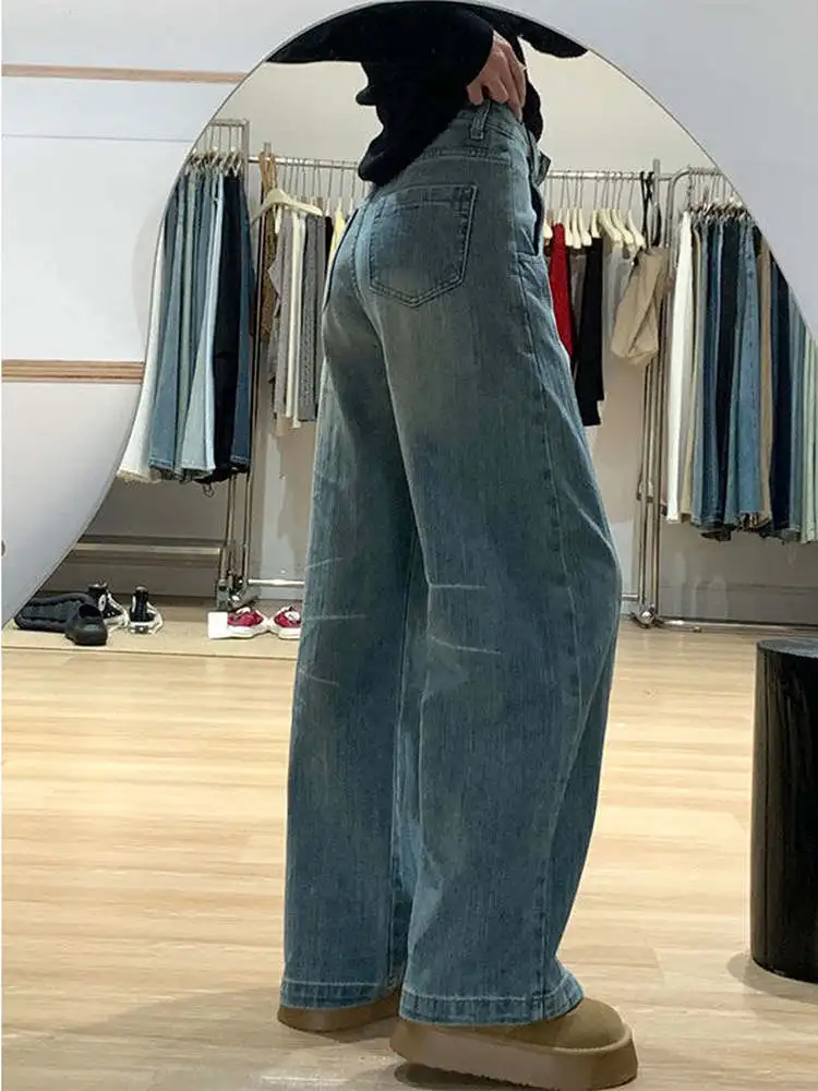 กางเกงยีนส์ทรงขาบานสไตล์อเมริกันย้อนยุคสำหรับผู้หญิง ทรงหลวม เอวสูง ช่วยให้ดูผอม ใส่ได้ในฤดูใบไม้ร่วงและฤดูหนาว มีไซส์พลัสสำหรับสาวอวบ