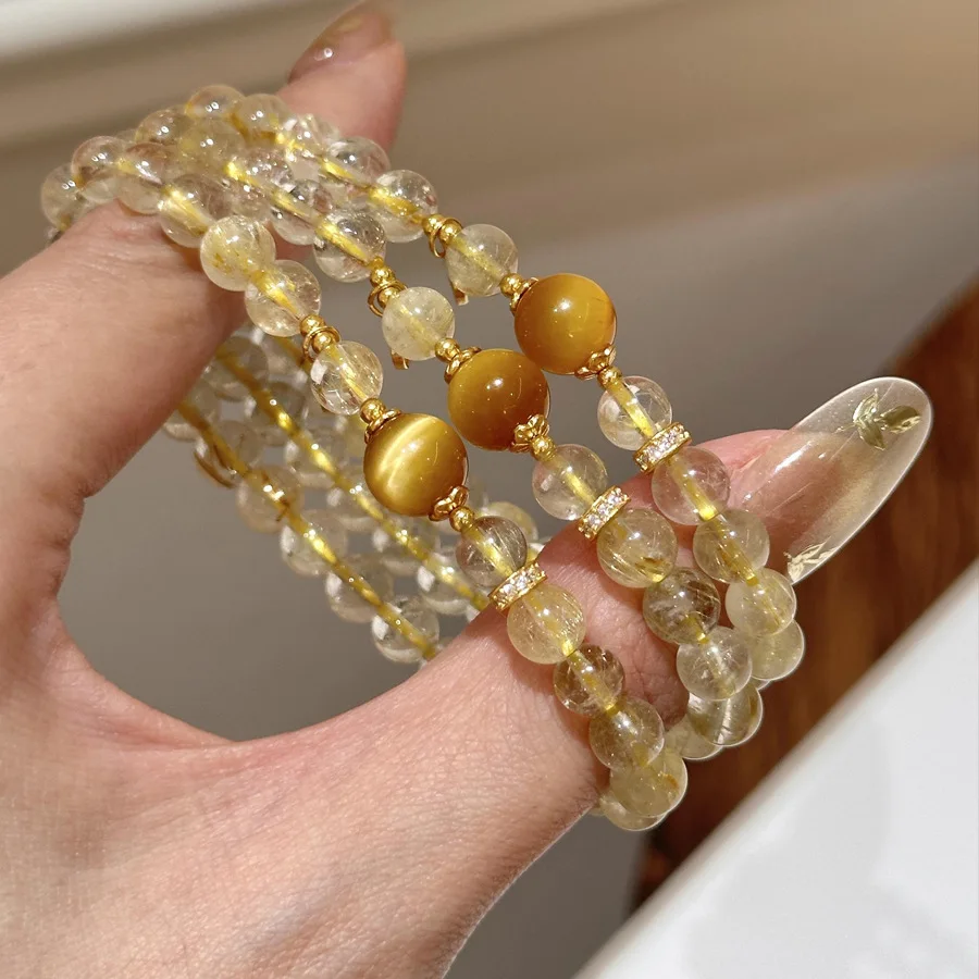 Chinese Style Handmade Golden Rutilated Quartz Citrine Tiger Eye Beaded Handstring Bracelet For Women Lucky Wealth Blessing Gift