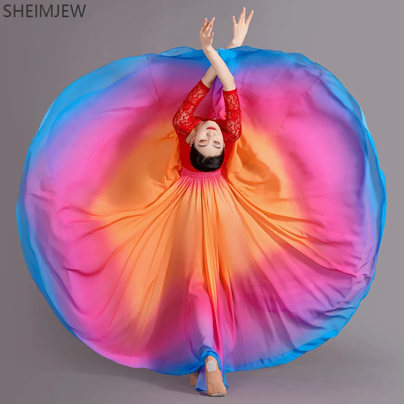 

2025 Gradient Color Dance Skirt Elegant Women Square Dance Performance Long Dress Elastic Waist Large Swing Chiffon A-line Skirt