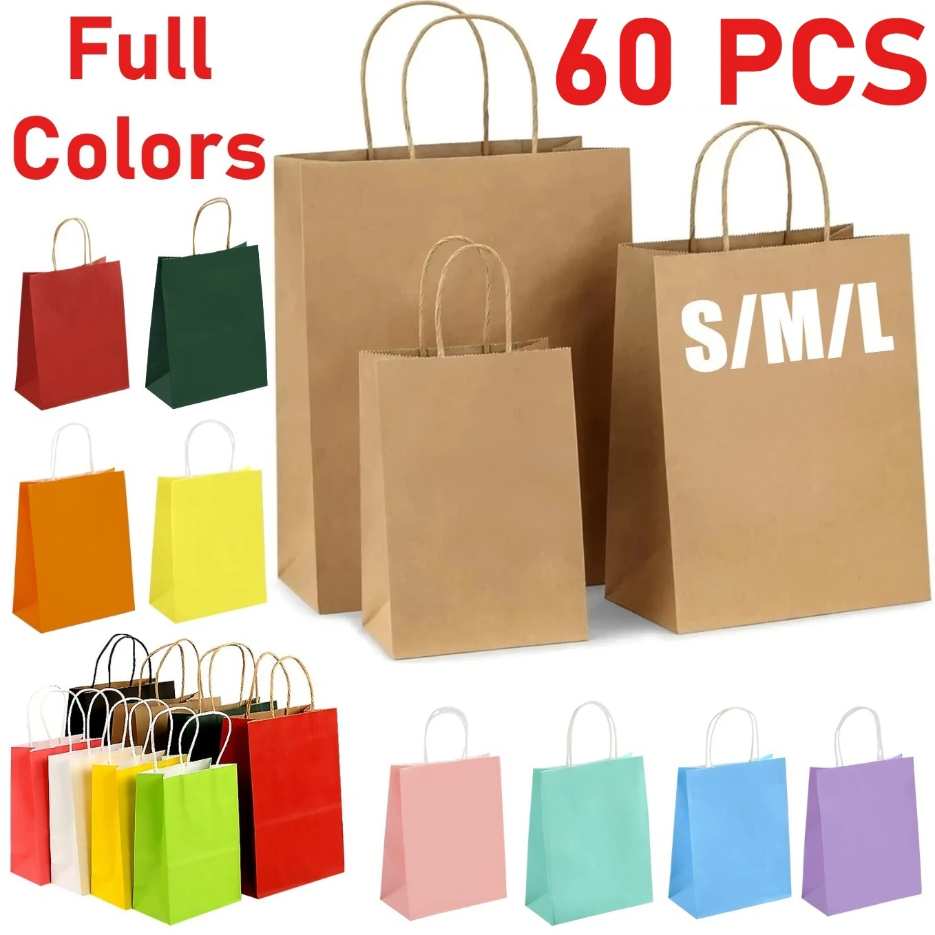 

60 шт., 13 цветов, пакеты из крафт-бумаги с ручками, маленькие/средние/большие для свадебной вечеринки, розничная упаковка, сумки для покупок