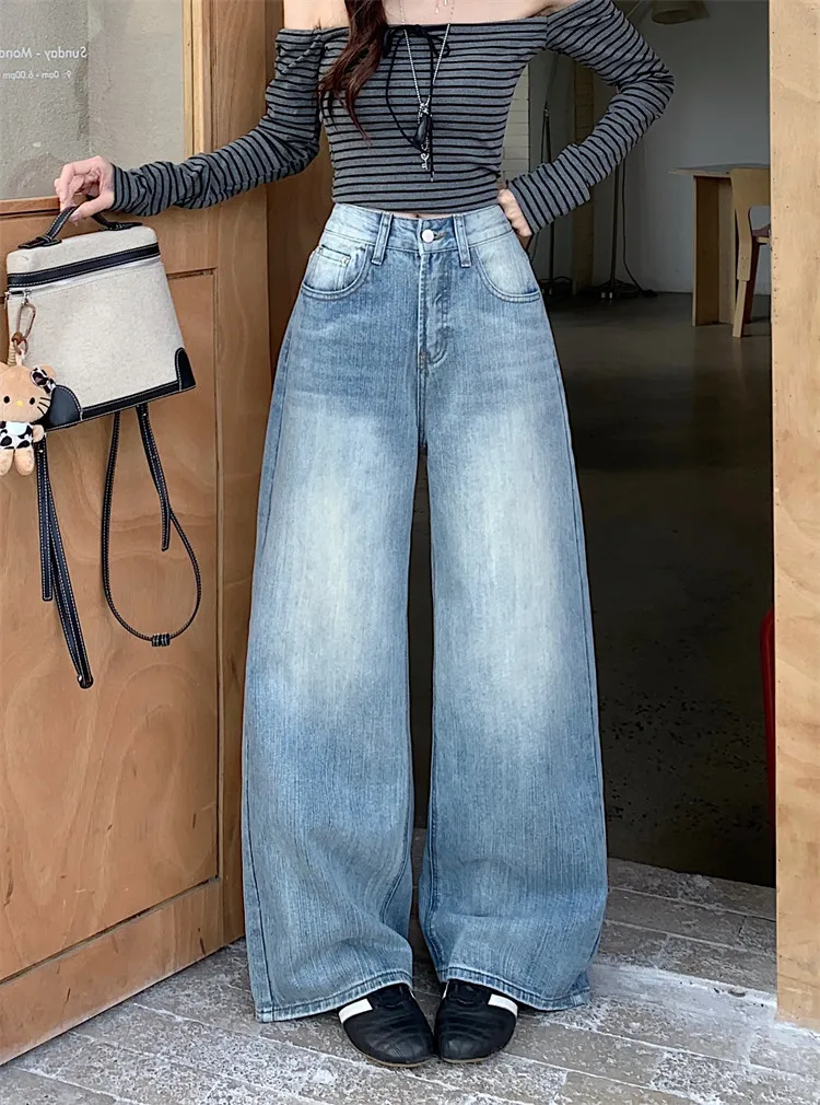 

Американские винтажные потертые женские джинсы с высокой талией, весенне-осенние новые свободные узкие широкие брюки, брюки с ножом