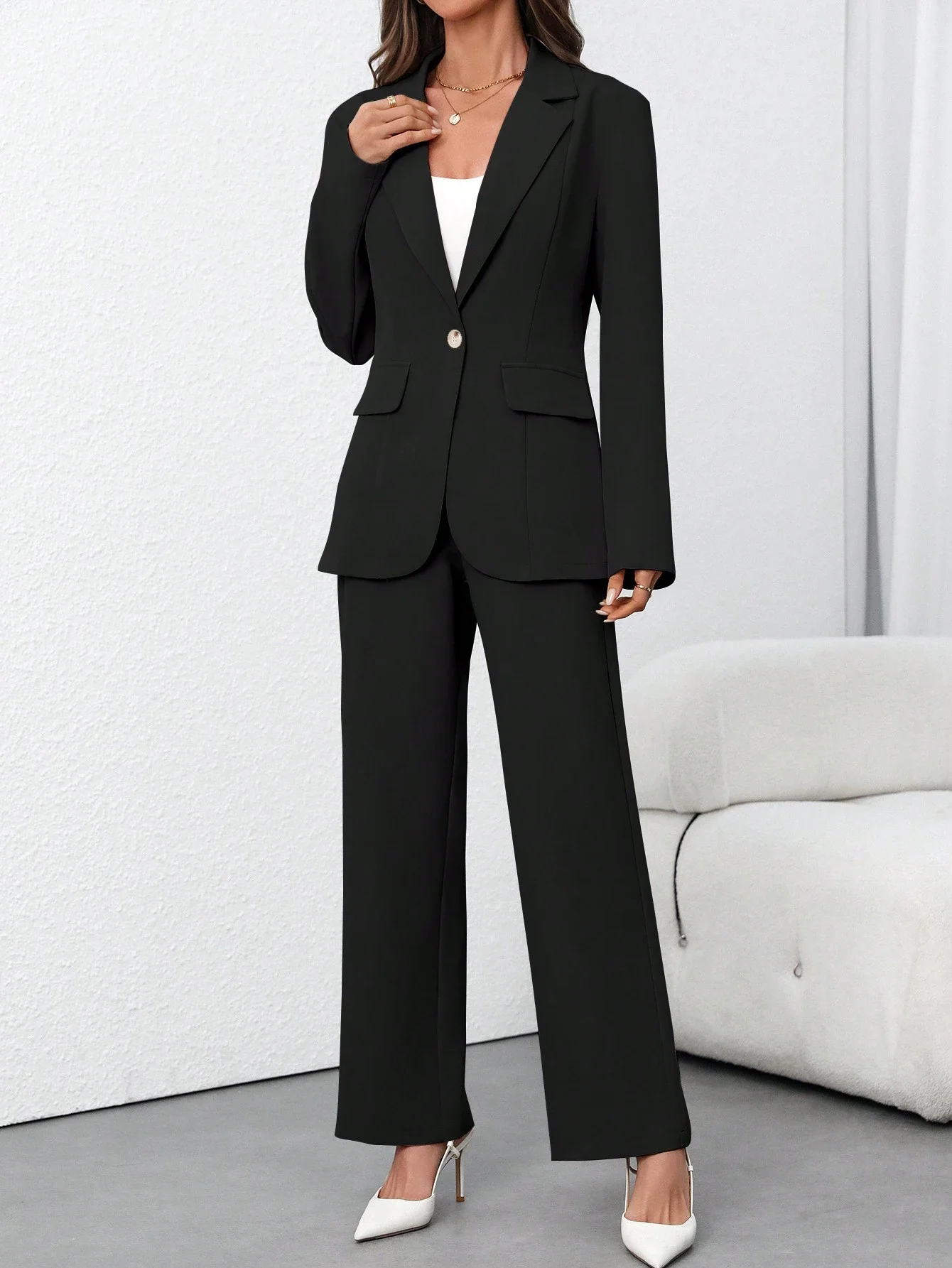 

Women Solid Color Blazer And Pants 2 Piece Set Office Casual Suit