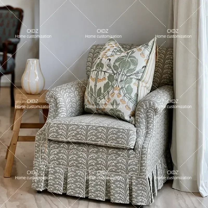 Printed Casual Sofa Chair Balcony Soft Cushion Backrest Living Room Corner Solid Wood Single Seat B&B Style Coffee Lounge