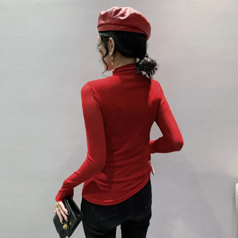 #8313 Black Red Purple Mesh T Shirt Women Tight Thin Elastic Turtleneck T Shirt Female Perspective Long Sleeve Irregular Tee