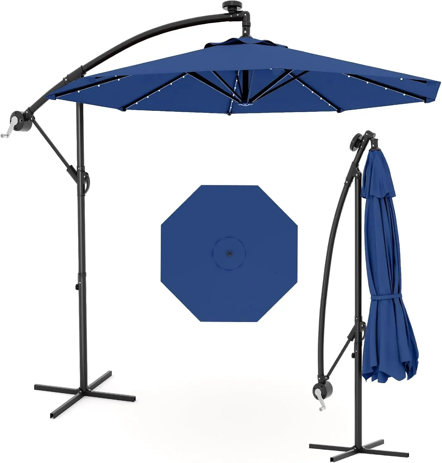 10FT r Lights Offset Patio Umbrella with Base, Navy Blue