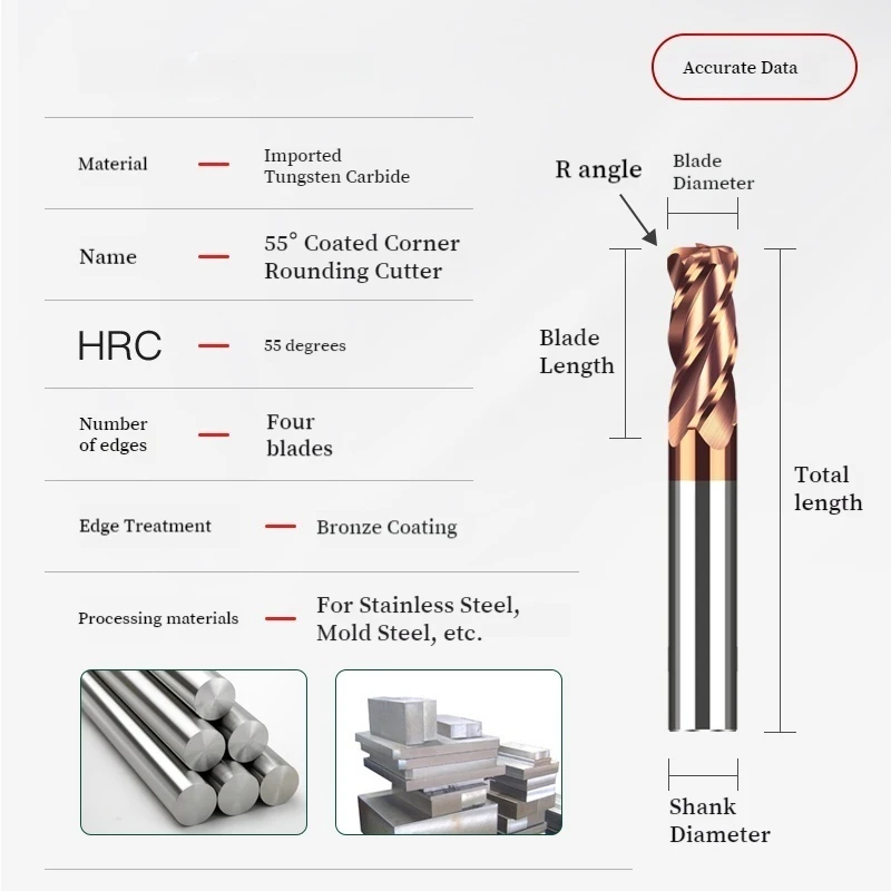 

HRC55 Coated Carbide 4 Flute Corner Radius End Mill CNC Milling Tool