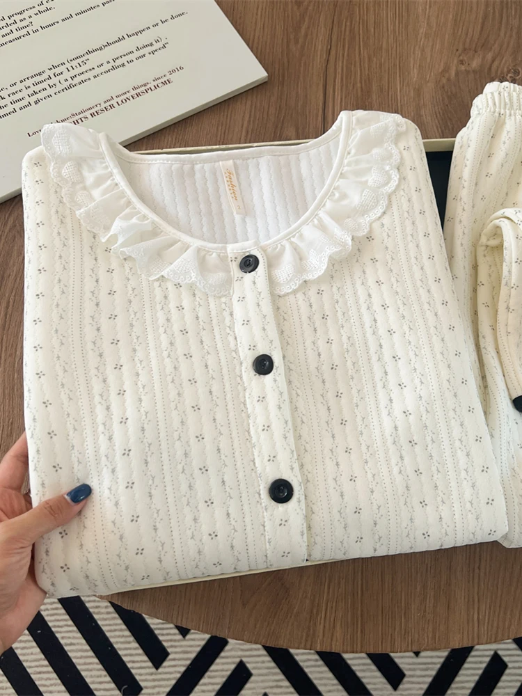 Sweet Floral Lace Trim Home Clothes Set Korean Style Air Layer Sleepwear for Girls Warmth Guaranteed Cotton Polyester Blend