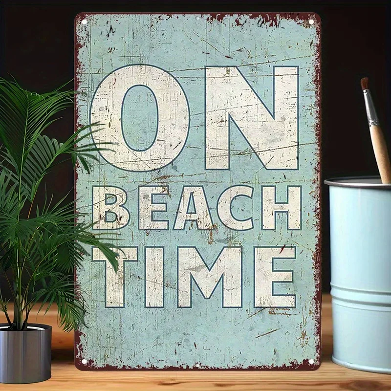 Vintage Beach Time Metal Tin Sign, Iron Coastal Wall Art Decoration, 8x12inch , Summer Decor