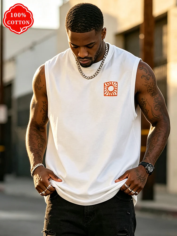Men 100% Cotton Sleeveless Tank Top Loose Crew Neck Muscle Vest Casual Streetwear Mens Summer Sleeveless Tee-T91