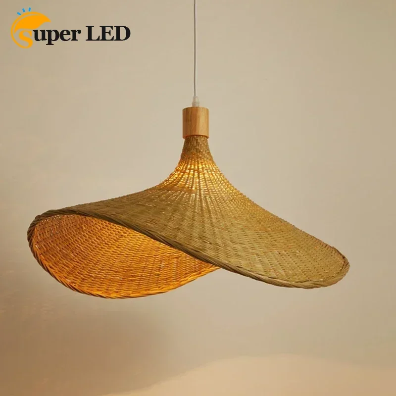 

30/40/50/60/70/80cm Chinese Rattan Hand-woven Woven Bamboo Lamps Bamboo Chandelier Tea Room Creative Straw Hat Chandelier Lamp