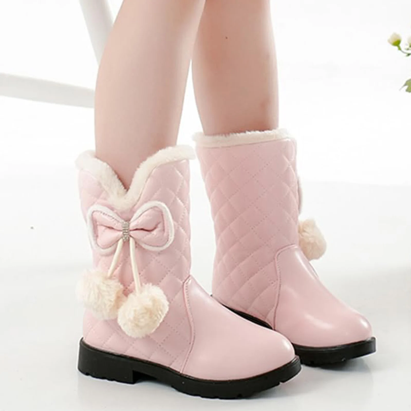 

Winter Fashion Children Princess Boots Outdoor Ski Warm Short Boots with Bow Decor Kids Comfy Slip-On Snow Boots with Fur Plush