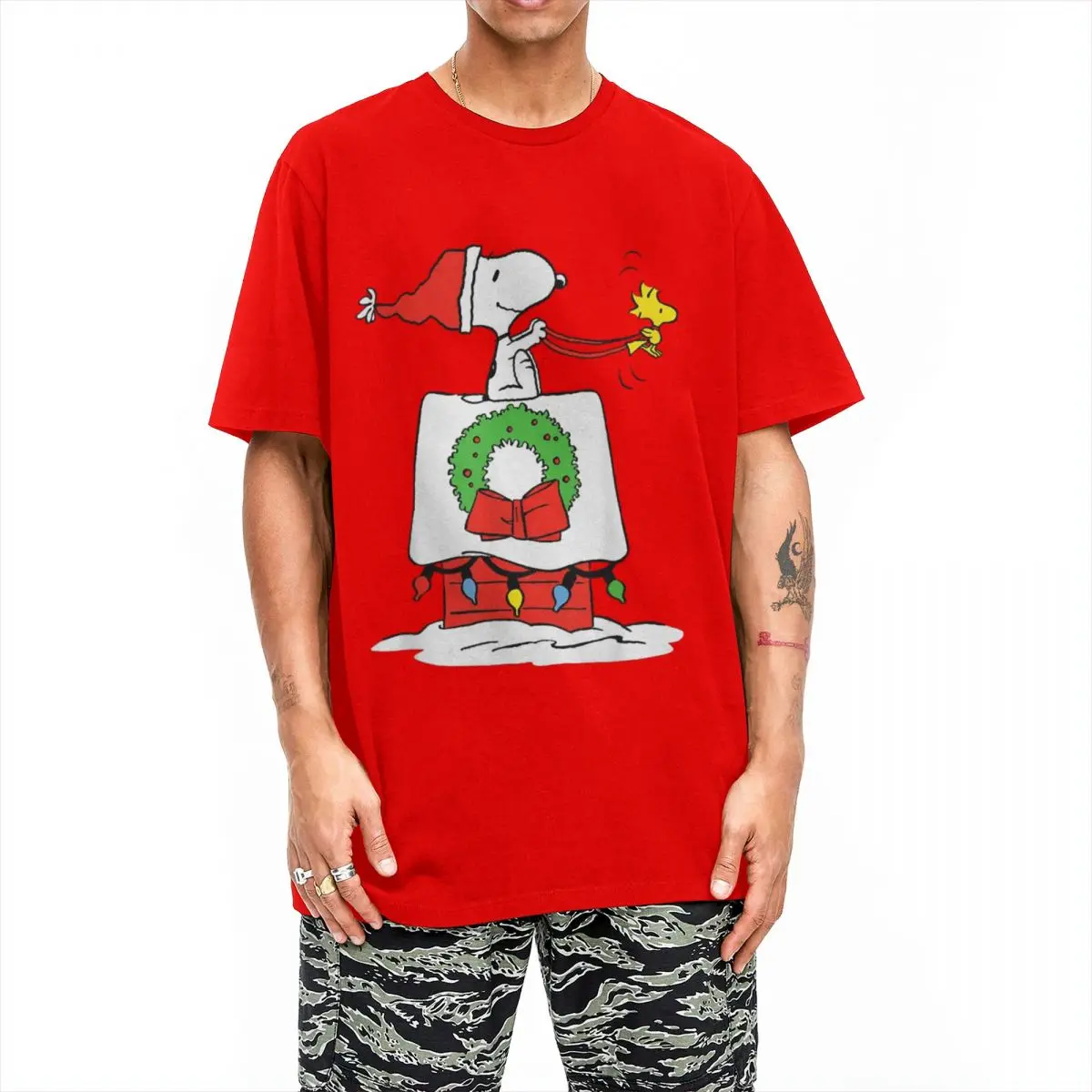 Funny Peanuts Holiday Snoopy's Doghouse Sleigh T-Shirt Men Women 100% Cotton T Shirts Short Sleeve Tees Graphic Printed Tops