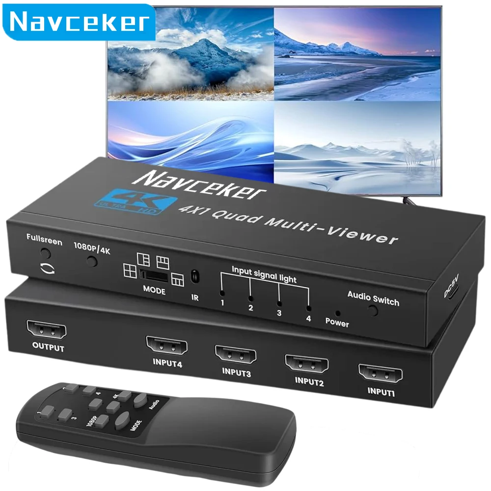 

4K HDMI Quad Screen Multiviewer 4x1 1080P 4 in 1 out HDMI Multi Viewer Seamless Switcher 5 Display Modes for Camera Laptop PC TV