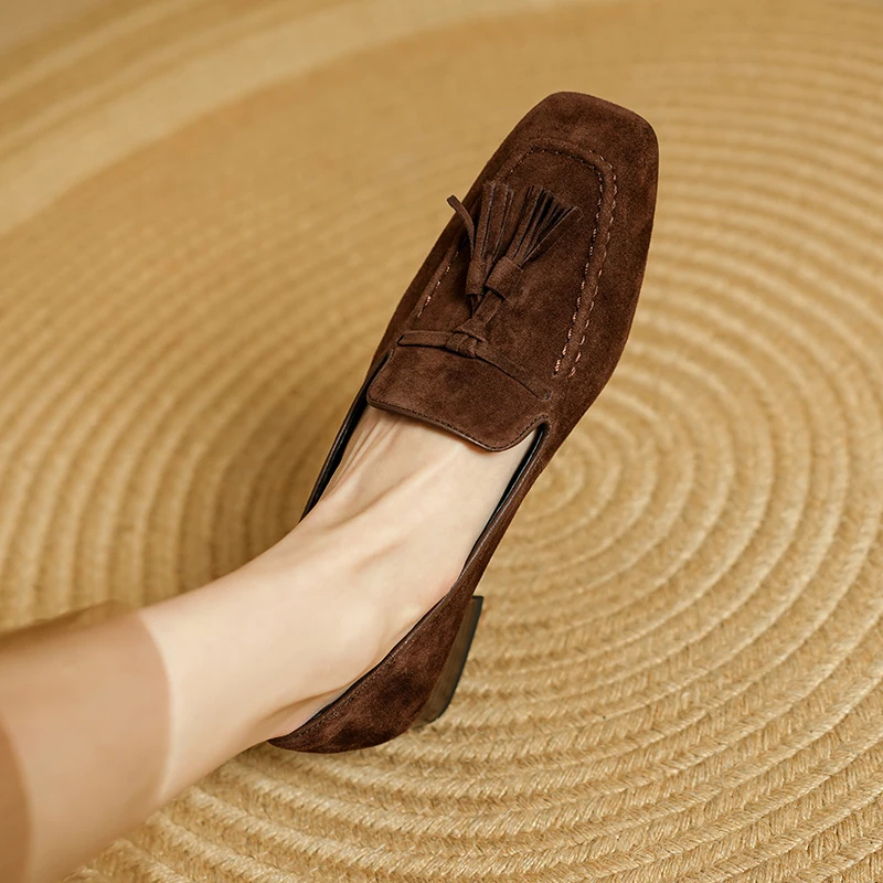 Woman Flats Spring Trend Loafers Sheepsuede Real Leather Round Toe Women Flat Shoes Slip-On Fringe Loafers Handmade Retro Shoes