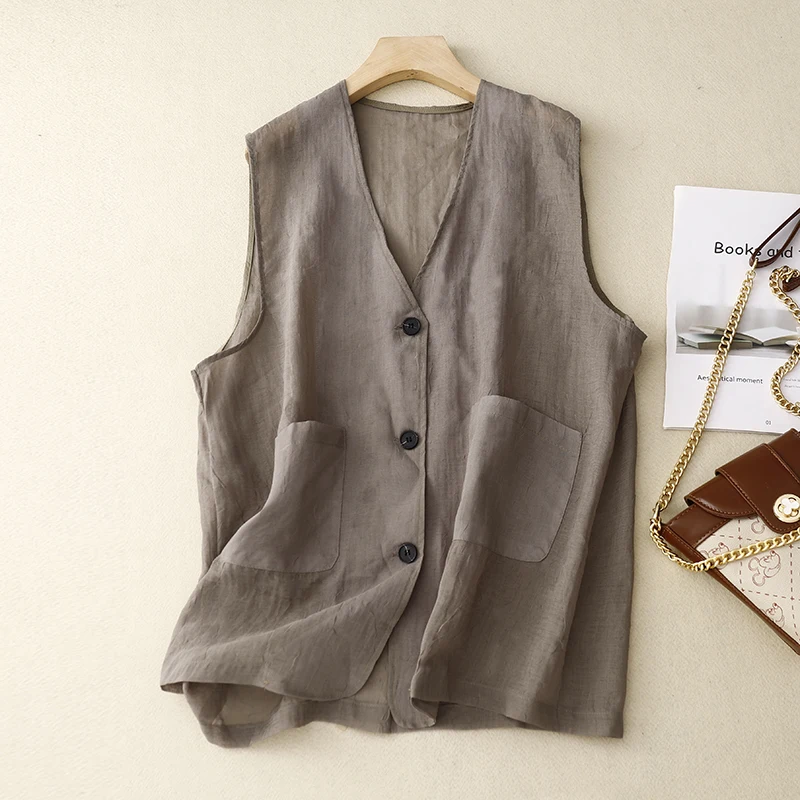 

Casual Cotton Linen Vest Women's Summer Versatile Simple V-ne Svel Top Layering Clothing Mid-Length Other Brand Pure ...