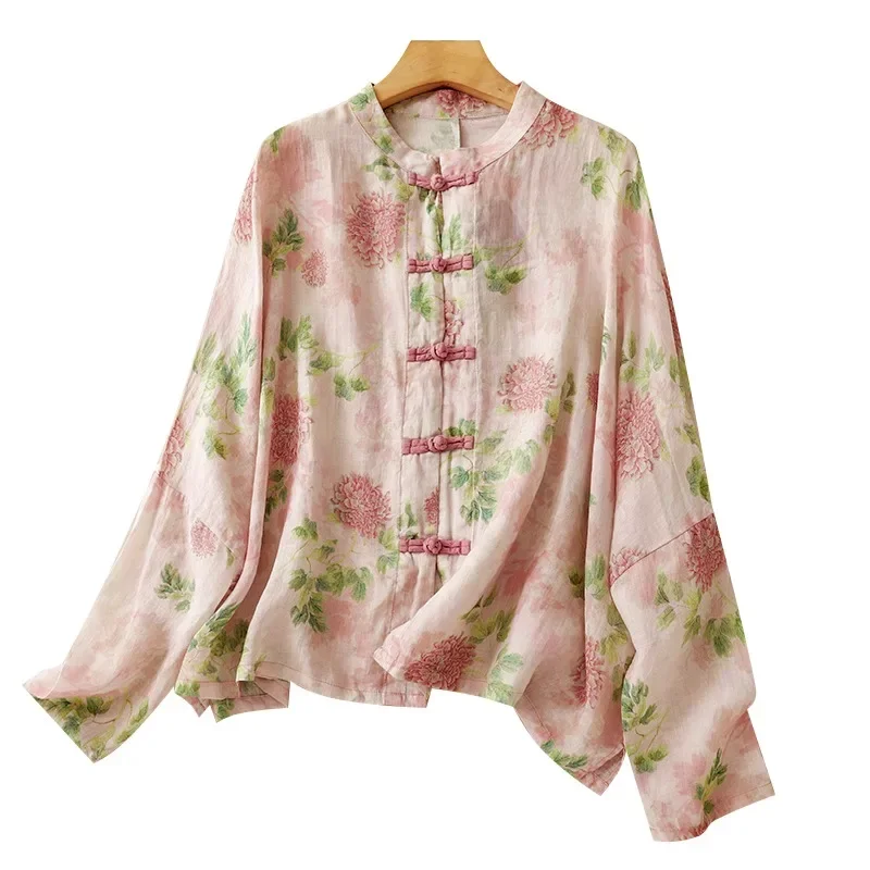 Cotton Linen Vintage Women\'s Shirt Summer Printed Clothing Sales Loose Long Sleeve Korean Tops Turn-down Collar Women Blouses