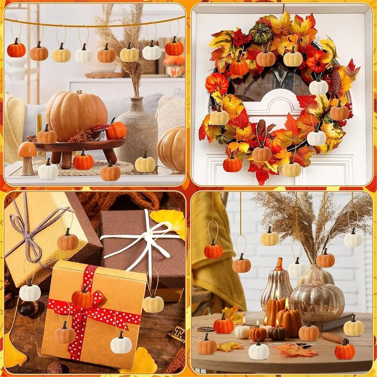 24 Pcs Fall Tree Ornaments - Mini Velvet Pumpkin Hanging Ornaments for Autumn Home Party Hanging Decor