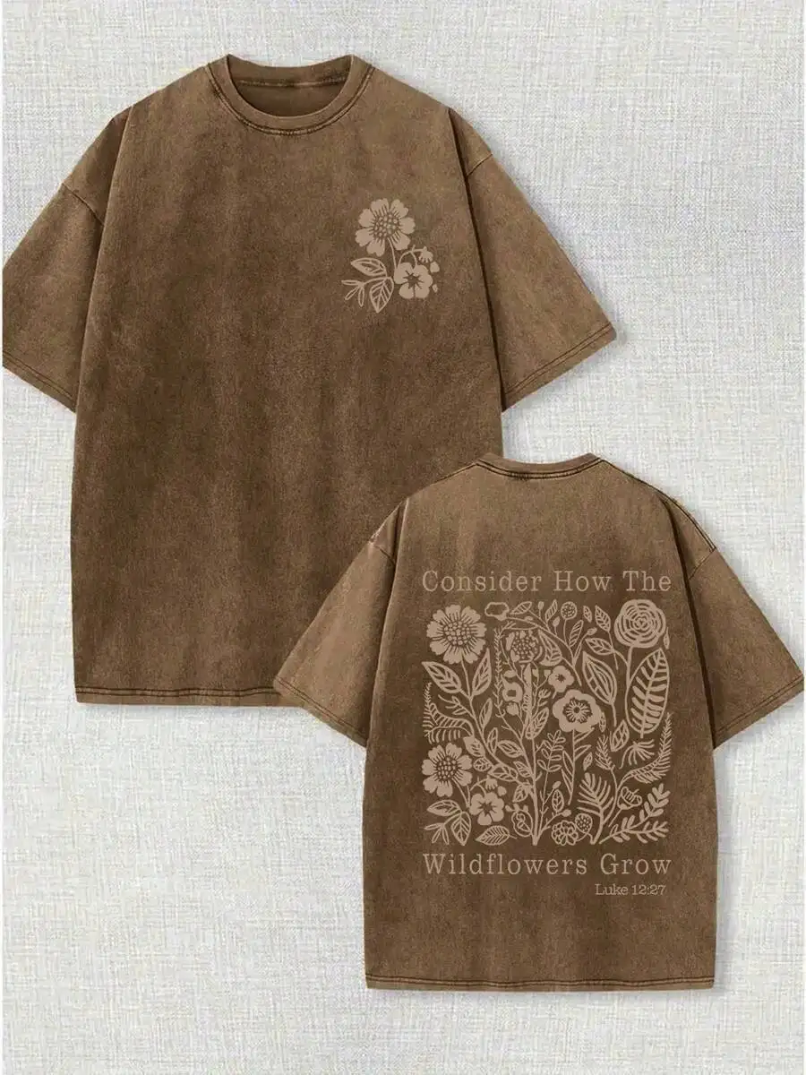230g Washed, Secret Printed T-Shirt With Fresh Flowers, High-Quality Wax Printed Cotton Retro Fashion Brand T-Shirt, Men's