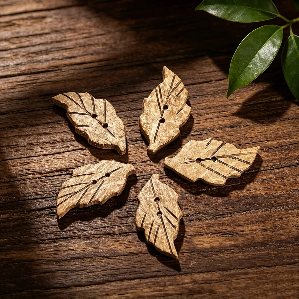 Natural Coconut Shell Leaf Shaped Buttons Vintage Carved Vein Two Holes Buttons For Sweater Coat Shirt DIY Clothing Accessories