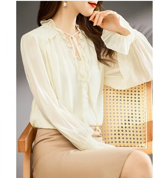 

Silk Rice Women's White irt Spring Faion V-ne Long Sve Princ Cut 00% Silk Premium Quali Ladies' Blouse