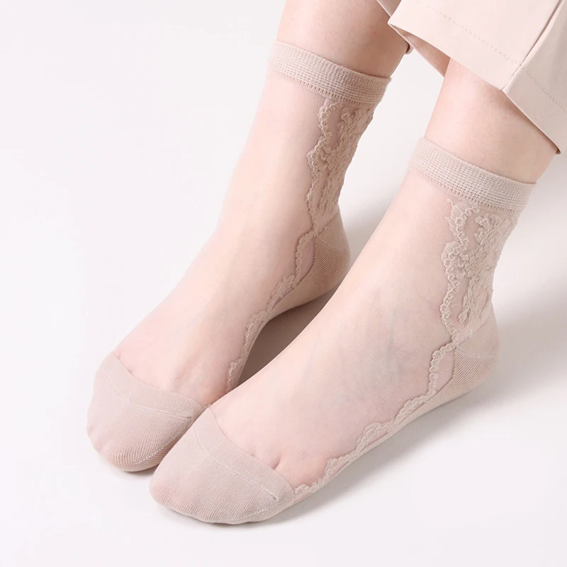 1 Pair Breathable Ultra Thin Socks Summer Women Transparent Lace Silk Crystal Rose Flower Girls Elastic Short Socks Female Sox