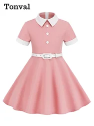 Tonval Turn Down Collar Button Front Vintage Childrenswear Short Sleeve Belted A-Line Kids Bridesmaid Dresses for Girls