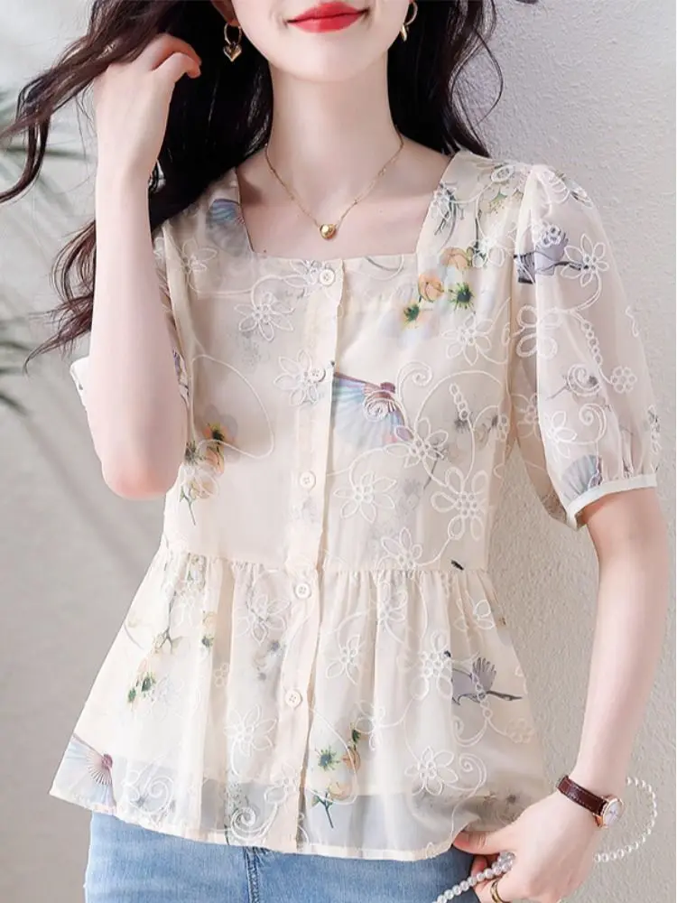 

2025 Summer New Square Neck Short-sleeved Top French Style Floral Pullover
