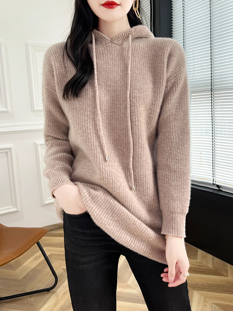 Autumn Winter Women Hooded Pullover 100% Merino Wool Knitwear Medium-Length Cashmere Sweater Female  Soft Casual Loose New Top