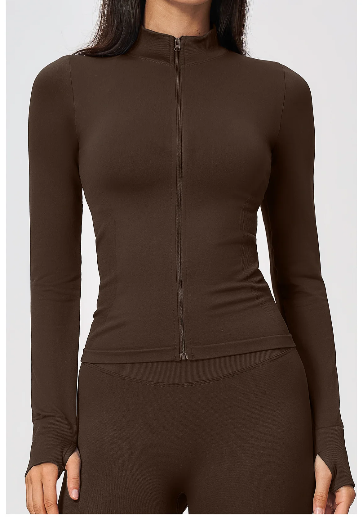Women's Seamless Long Sleeve Yoga Top Ribbed High Neck Full Zip Slim Fit Sports Jacket Thumb Hole Workout Gym Running Activewear