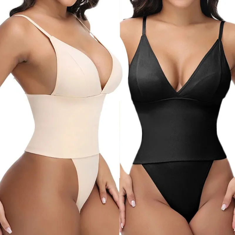 

Dimmkof Adjustable Deep V Neck Shaper Bodysuit High Waisted Tummy Control Back Hook Closure Shapewear Sexy Thong Shaper Suit