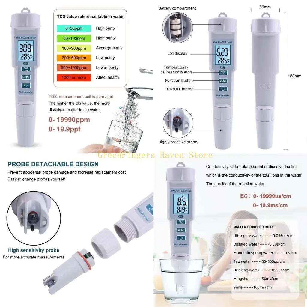 F68D 4 in 1 EC Temperature Meter Meter Digital Water Quality Monitor Tester Fits for Pools Drinking Water Aquariums