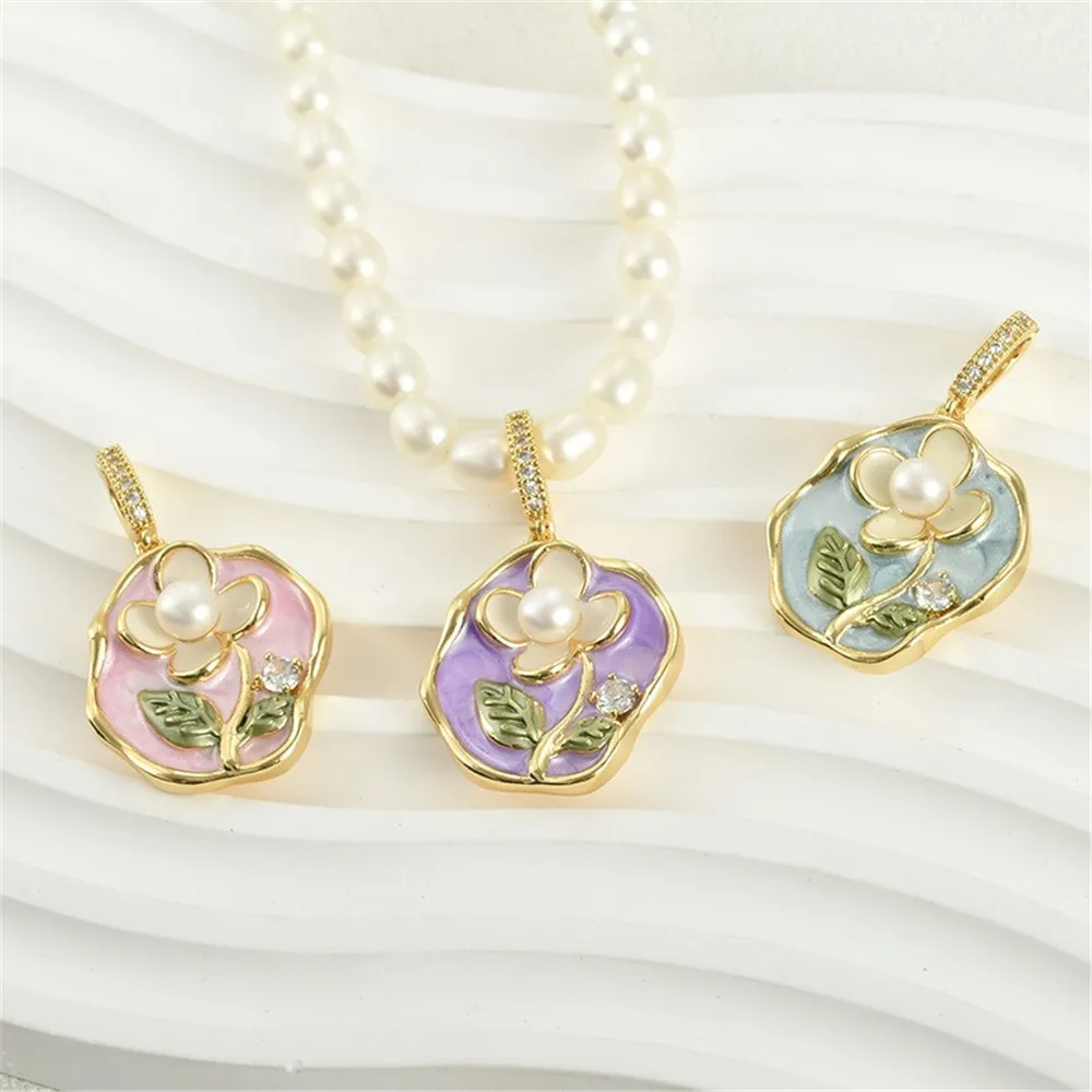 Pearl Necklace Melon Seed Buckle Pendant Dripping Oil Rose Painted Oil Painting Style DIY Jewelry Pendant Buckle Accessories