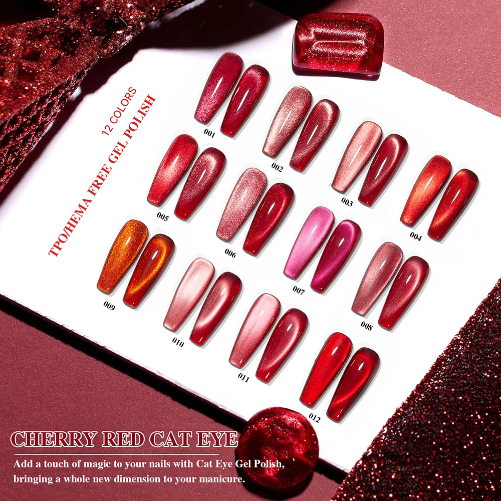 Vendeeni, 12 colores/juego, cristal rojo cereza, Color puro, ojo de gato magnético, esmalte de uñas de Gel UV LED con tarjeta de Color sin TPO/HEMA