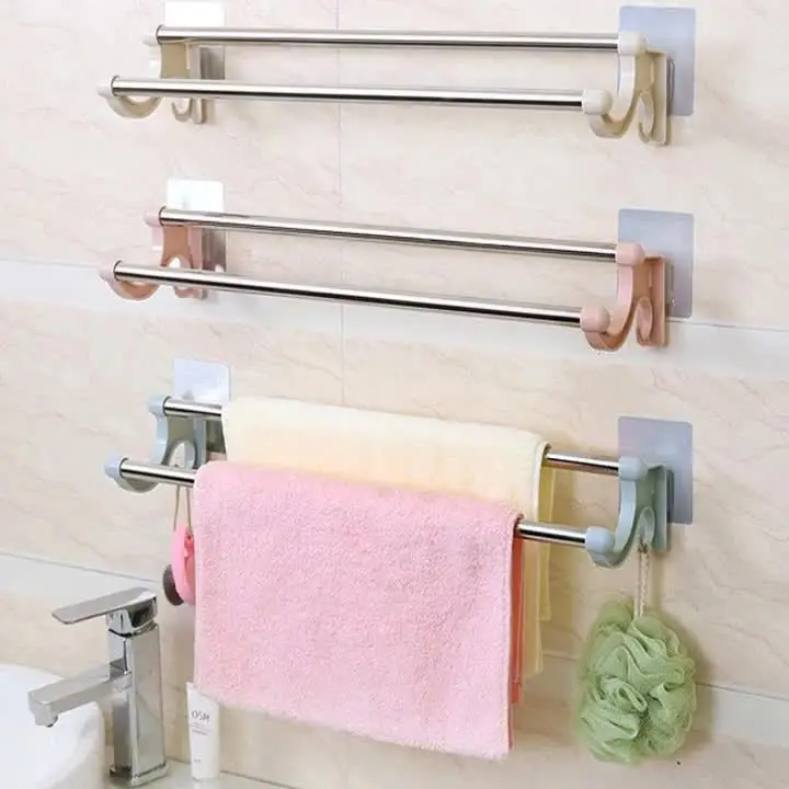 

1PC Stainless Steel Double Towel Holder Wall-mounted Rack Bathroom Kitchen No need Perforated Towel Holder Bathroom Accessories