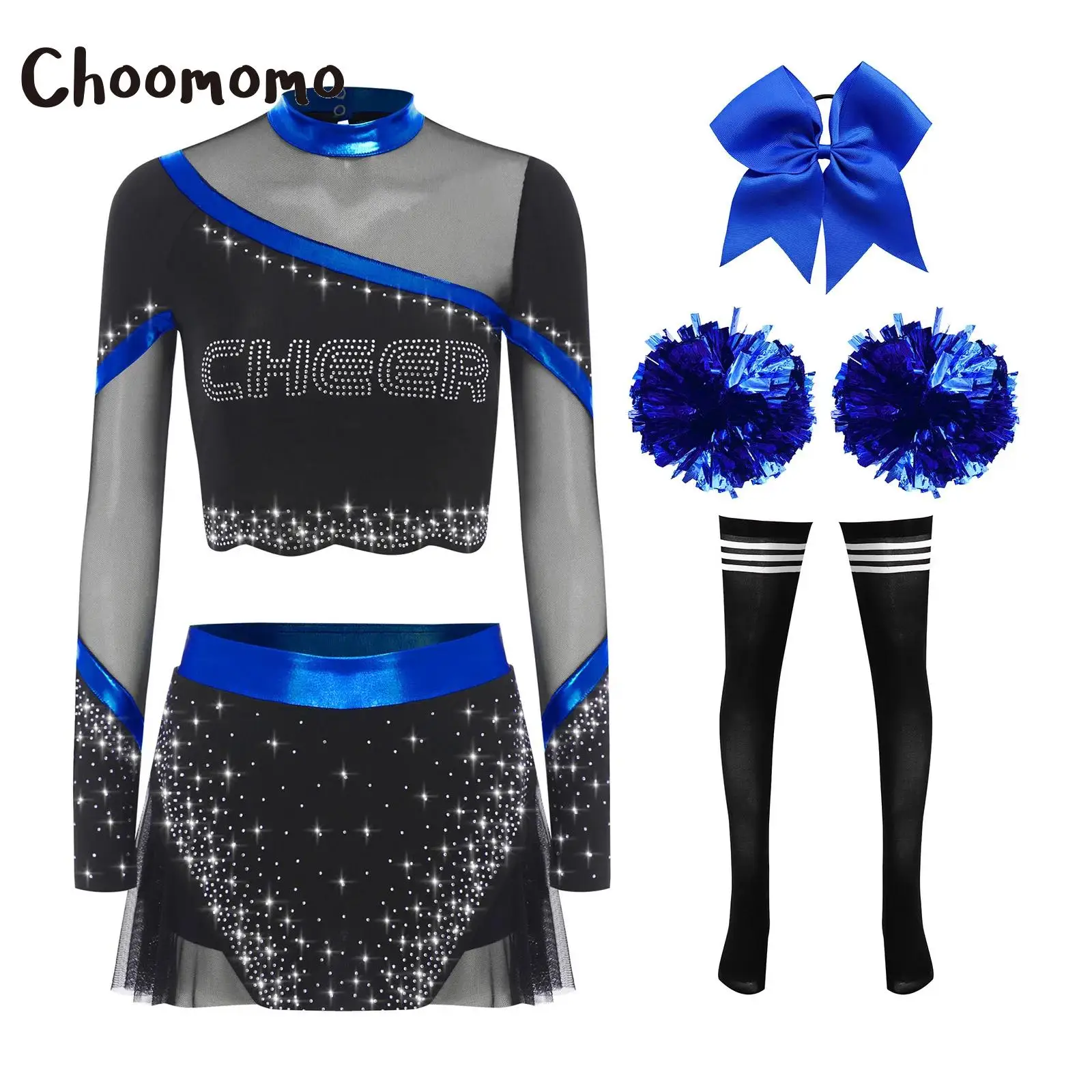 

Women Cheerleading Costumes Outfit Cheerler Uniform Rhinestone Long Sleeve Crop Tops with Skirt Flower Headwear Socks Stripe Set