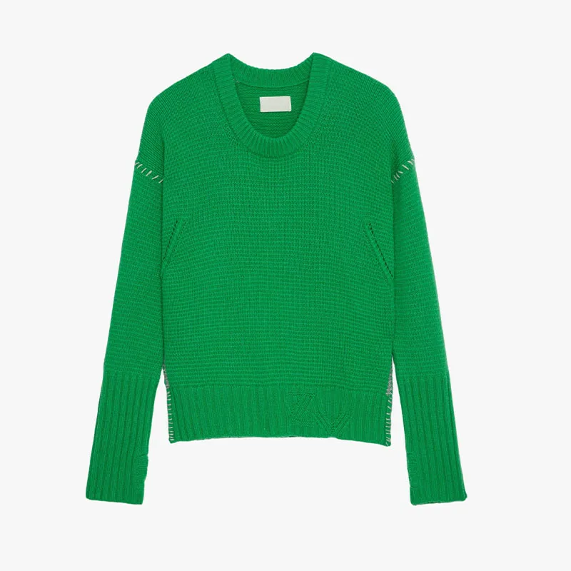 Zadig Women Fashion Sweater Fashion Green Embroidered Cotton Knitwear Female Cashmere Crew Neck Long Sleeve Winter Knitwear Tops