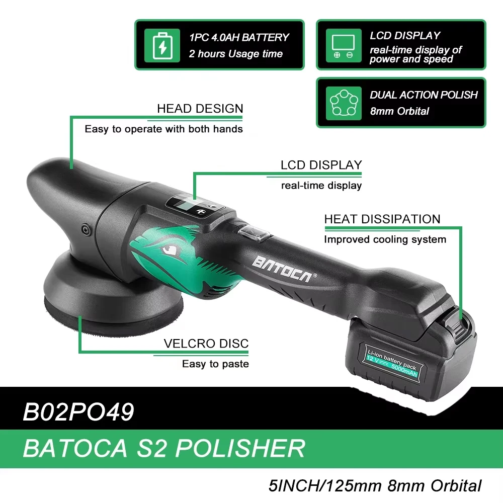 BATOCA S2 5 นิ้วเครื่องขัดเงารถยนต์ไร้สาย 8mm Orbital Wireless Polisher Dual Action เครื่องขัด 4000mAh แบตเตอรี่สําหรับรถยนต์