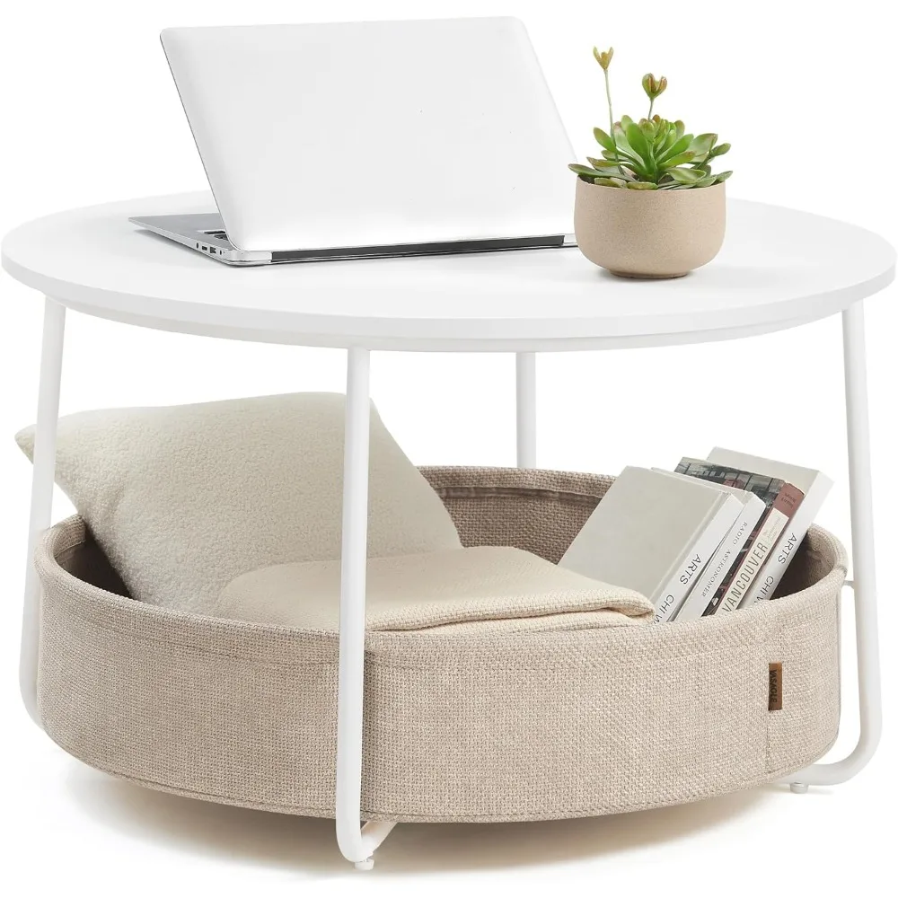 Coffee Table with Storage, Round Center Table for Living Room with Fabric Basket, Modern Style, Metal Frame, Matte White Brown