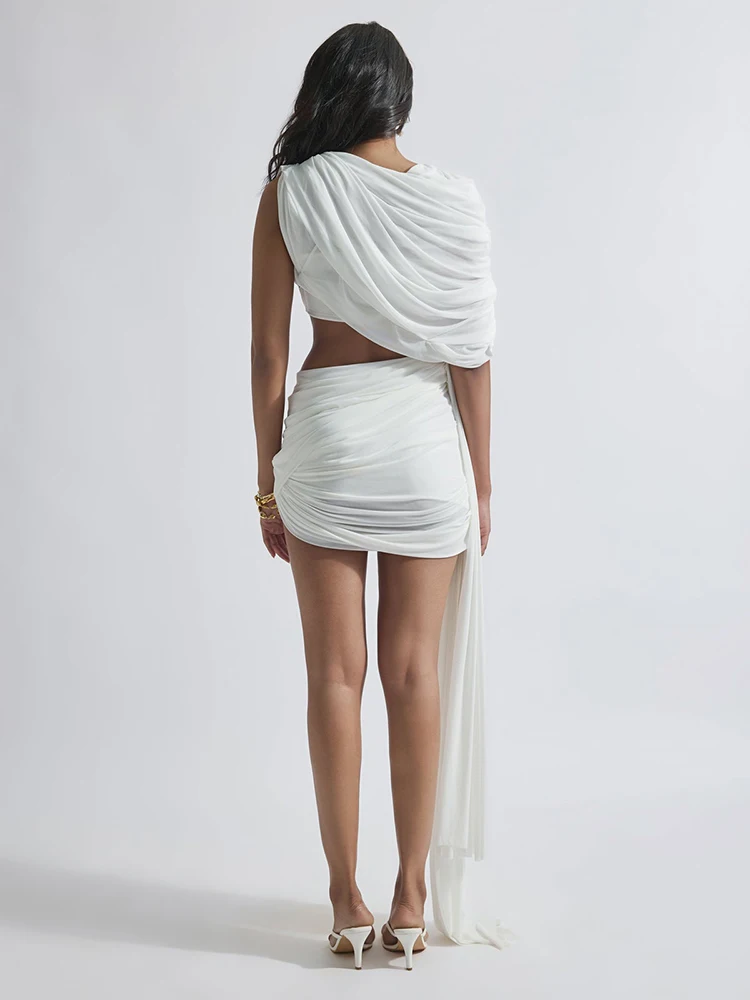 Y2k branco ruched um ombro recorte mini vestidos sem mangas malha vestido curto festa clube roupa estética drapeado 2026