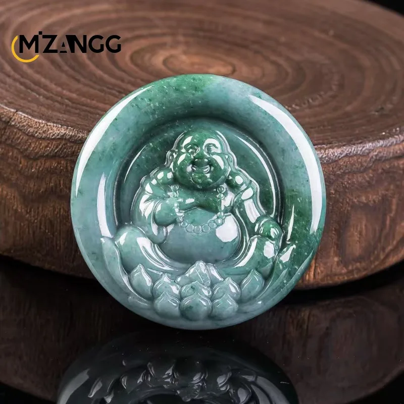 

Natural Jadeite Blue Water Maitreya Buddha Pendant Hand-Carved Stylish Charming Ice-Type Jade Necklace Unisex Festive Gift
