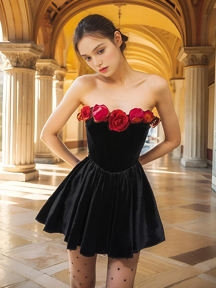 

Sexy Sleeveless A Line Black Velvet Women Mini Dresses Summer Elegant Tie Flowers Slim Bodycon Birthday Runway Club Party Dress