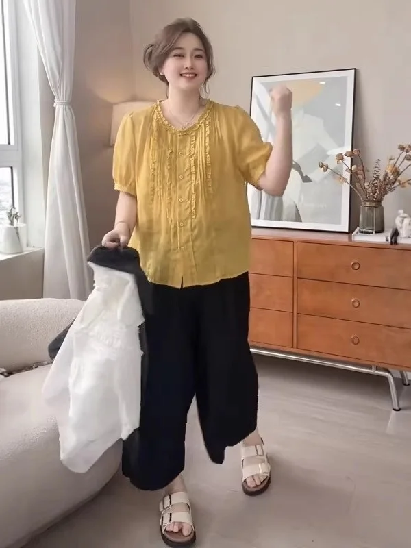 plus Size Women's White irt with Wood ain Ruffle ort Sve Loose Belly Covering Korean Sle Commute Loose Blouse