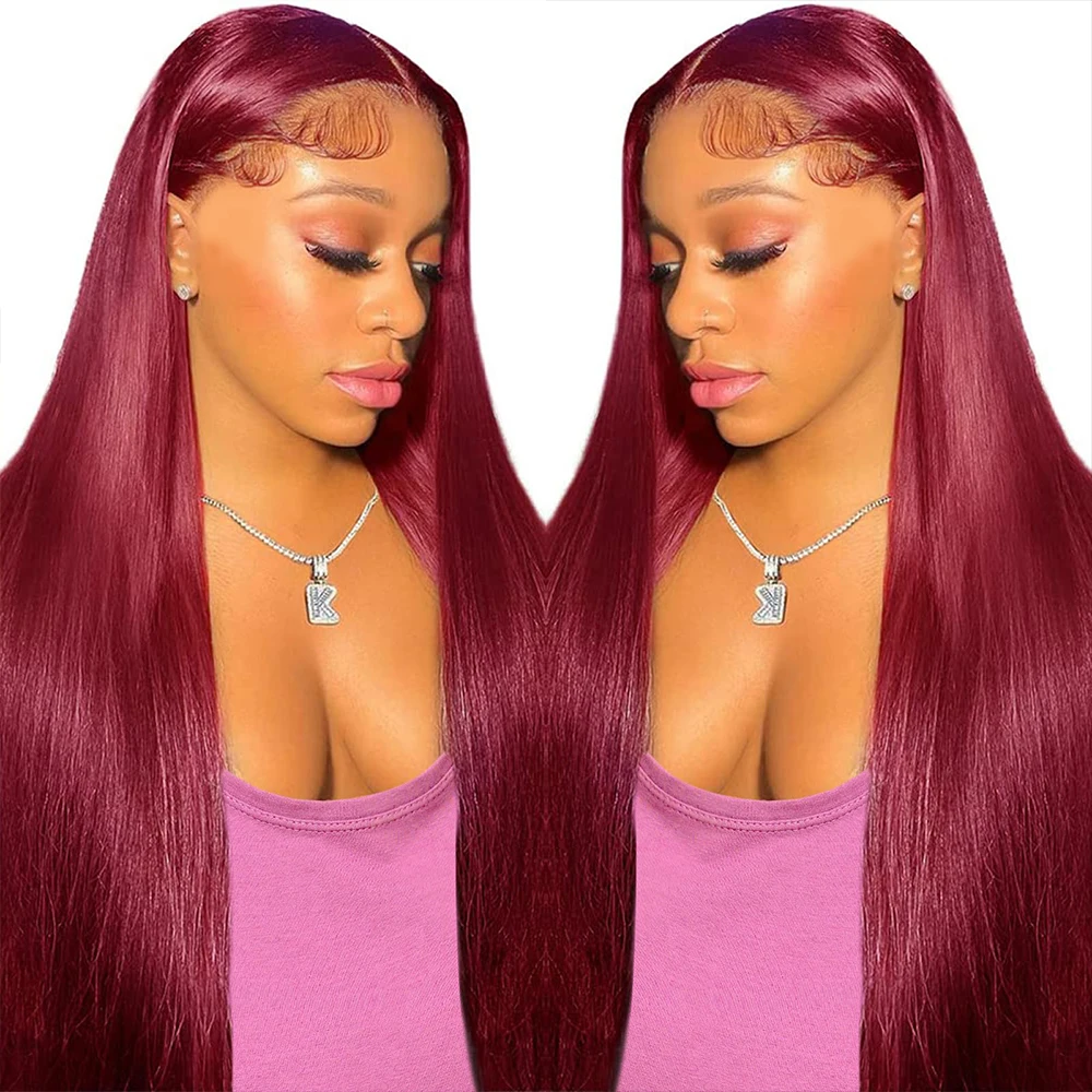 

Бордовый парик из натуральных волос 13x6 HD Lace Frontal, 30-40 дюймов, прямые волосы, парик 13x4 HD Lace Frontal, цвет 99J, для женщин