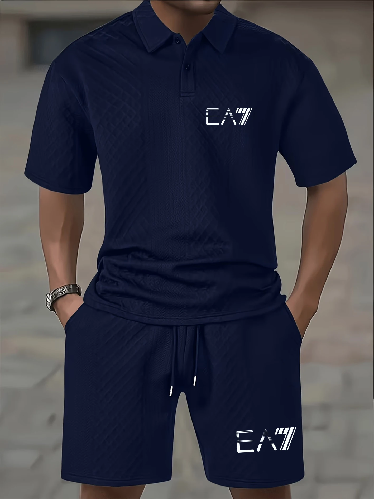

Men's Waffle Knit Polo Set, Breathable Textured Fabric, Slim-fit, 2-button Placket, Lapel Design. Ideal for Casual Sports, L