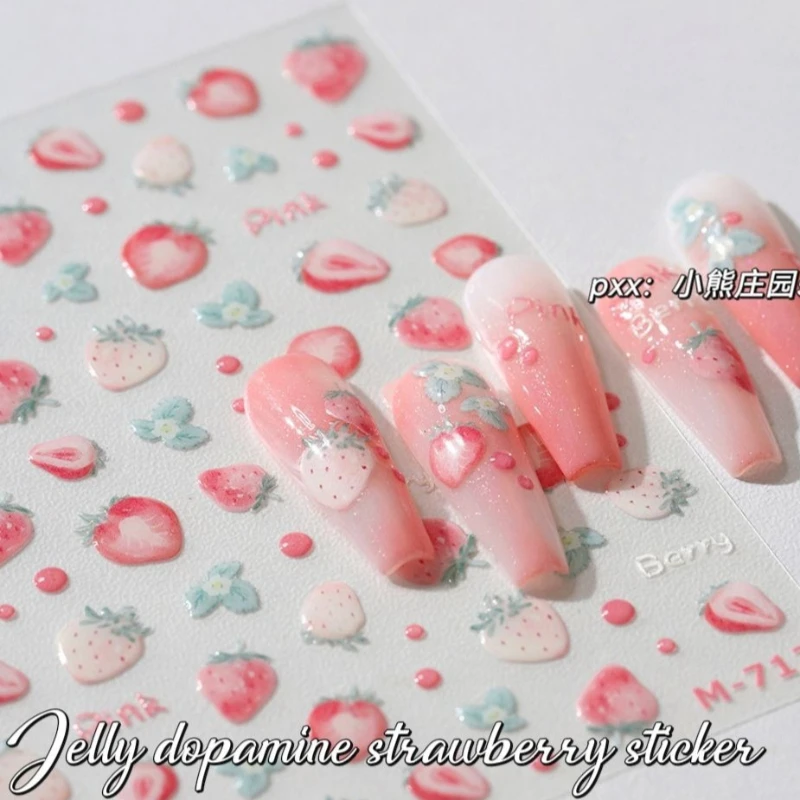 

Dopamine Jelly Strawberry Stickers New Ins Style Fresh Cute Fruit Pulp Art Decals Colorful Self-adhesive Nail Wraps for Manicure