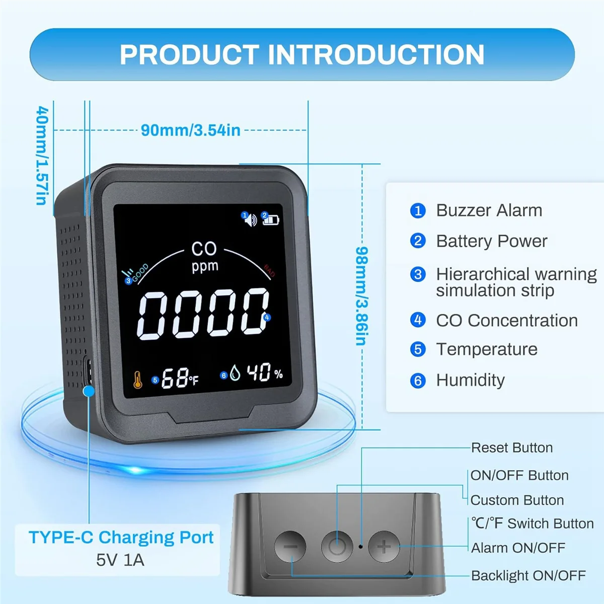 3-In-1 Carbon Monoxide Detector, Desktop/Wall CO Detector Alarm Temperature/Humidity Detector CO Meter PTH-9D