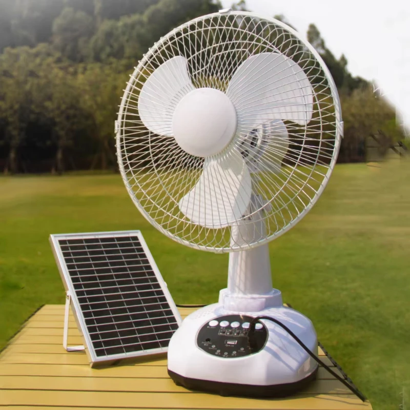 

12-Inch solar table fan 3-speed portable, with night light and USB charging to save energy