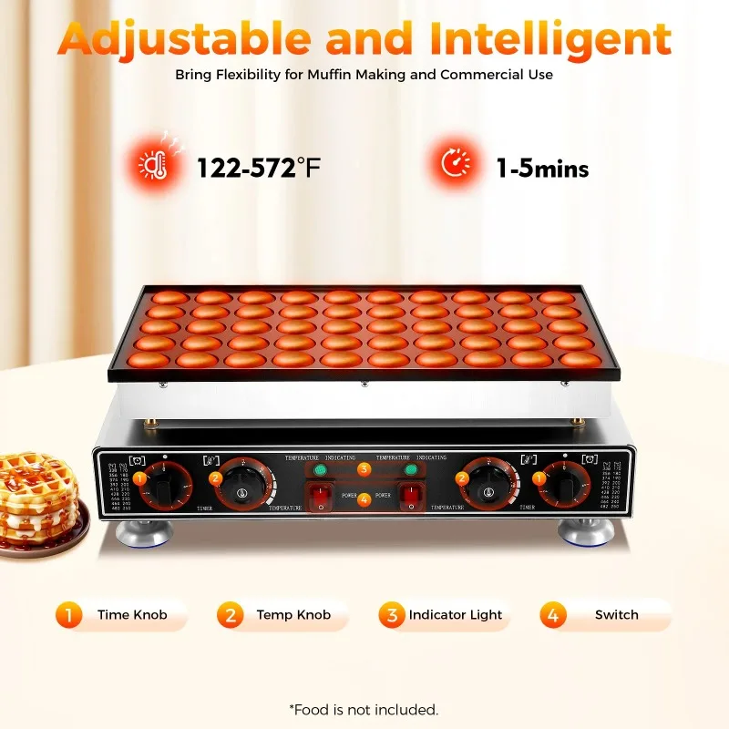 50Pcs Mini Dutch Pancake Maker Dorayaki Baker Machine, Commercial Non-stick Waffle Maker Muffin Maker w/Dual Temp & Time Control