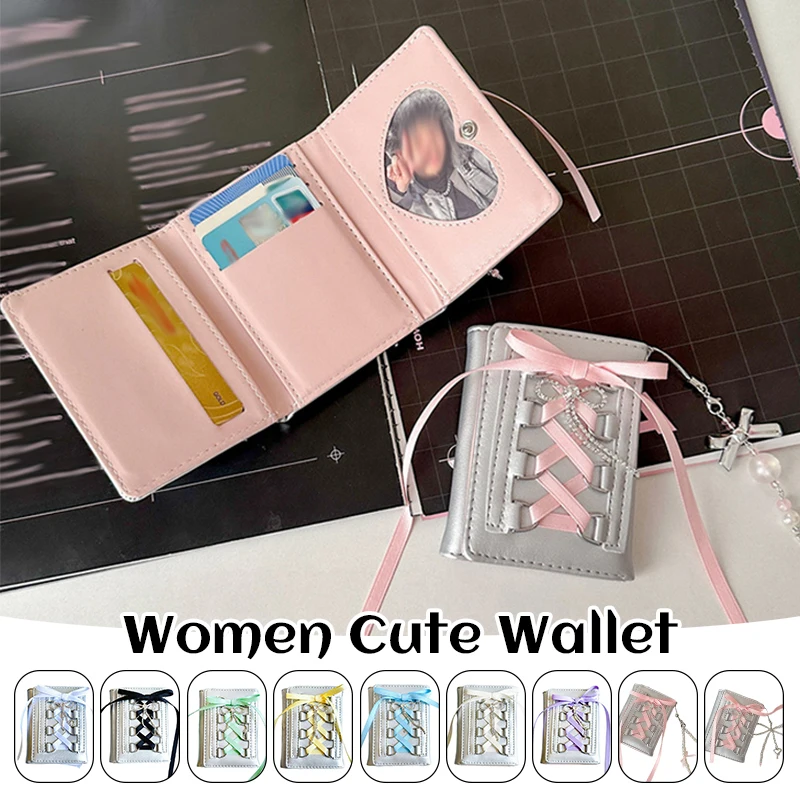 Pu Leather Wallet Ribbon Handbag Card Money Purse for Girls Silver Sweet Wallets for Women Korean Style Casual New Cute Wallet