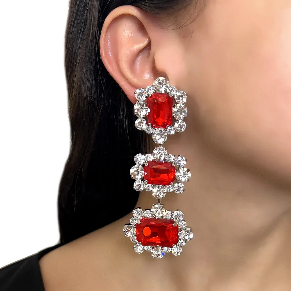 Stonefans Red Crystal Exaggerated  Large Earrings for Women African Bridal Rhinestone Dangle Earring Wedding Jewelry Gift